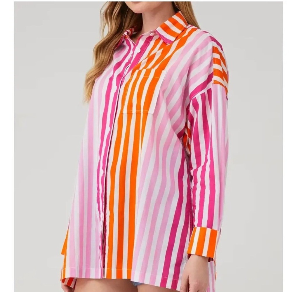 Beach Riot Women's Pink Orange Striped Cotton Oversized Button Down Shirt PL